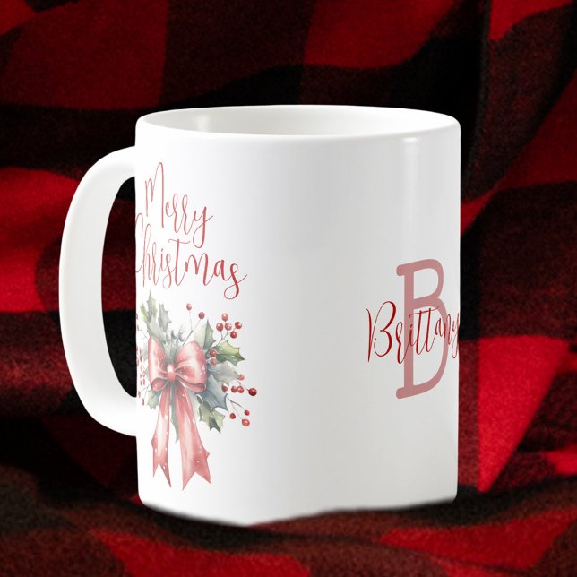 Modern Merry Christmas Script Red Bow Personalized Coffee Mug (Creator Uploaded)