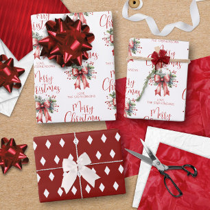 Modern Merry Christmas Script Red Bow Personalized Wrapping Paper Sheet