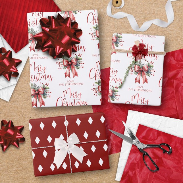 Modern Merry Christmas Script Red Bow Personalized Wrapping Paper Sheet (Creator Uploaded)