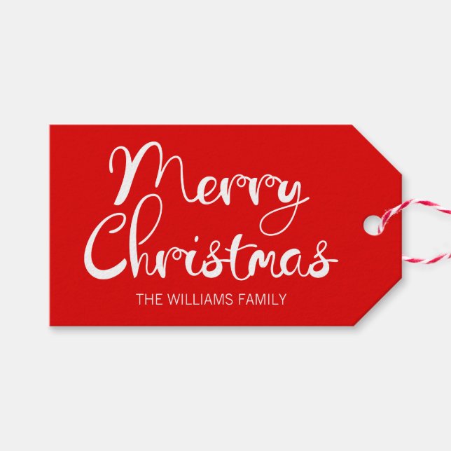 Modern Merry Christmas Script Red Gift Tag (Front (Horizontal))