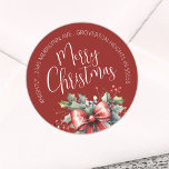 Modern Merry Christmas Script Red Return Address Classic Round Sticker<br><div class="desc">Christmas holiday season return address labels featuring modern, chic calligraphy script typography for the greeting MERRY CHRISTMAS accented with a watercolor red bow and holly. ASSISTANCE: For help with design modification or personalization, resizing, transferring the design to another product or if you would like coordinating items, contact the designer BEFORE...</div>