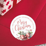 Modern Merry Christmas Script Red Return Address Classic Round Sticker<br><div class="desc">Christmas holiday season return address labels featuring modern, chic calligraphy script typography for the greeting MERRY CHRISTMAS accented with a watercolor red bow and holly. ASSISTANCE: For help with design modification or personalization, resizing, transferring the design to another product or if you would like coordinating items, contact the designer BEFORE...</div>