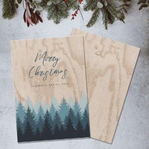 Modern Merry Christmas Script Rustic Wood Forest Holiday Card