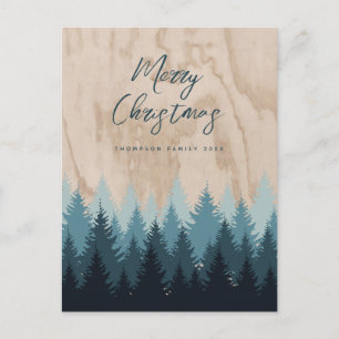 Modern Merry Christmas Script Rustic Wood Forest Holiday Postcard
