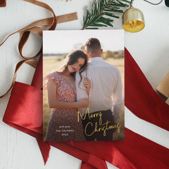 Modern Merry Christmas Script Simple Photo Foil Holiday Card (Creator Uploaded)