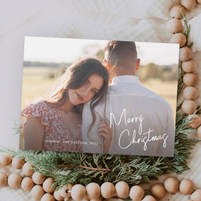 Modern Merry Christmas Script Simple Photo Holiday Card (Modern handwritten script merry christmas horizontal photo holiday card.)