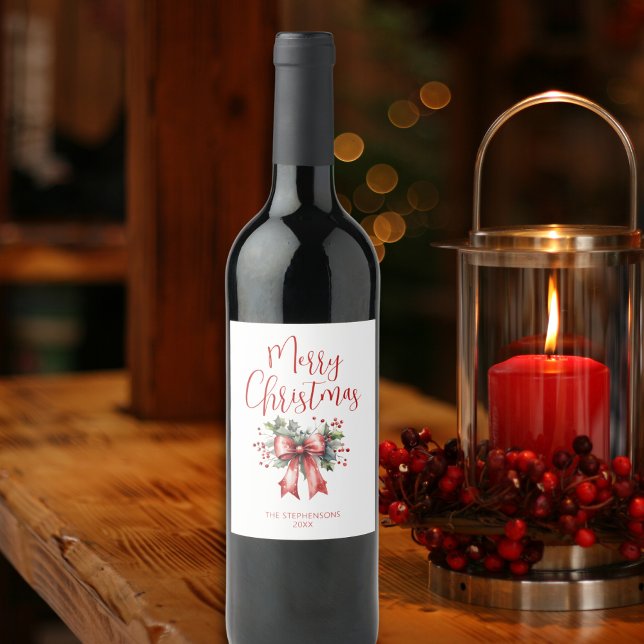 Modern Merry Christmas Script TO FROM Holly Wine Label (Creator Uploaded)
