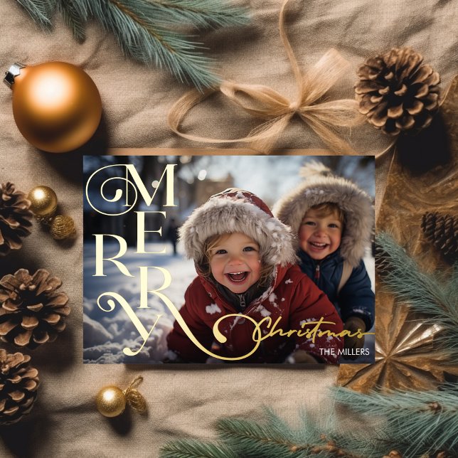 Modern Merry Christmas Script Typography 1 Photo Foil Holiday Postcard (Modern Merry Christmas Script Typography 1 Photo Foil Holiday Postcard)