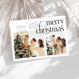 Modern Merry Christmas simple 2 photos family Holiday Card