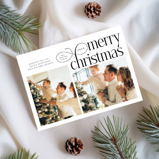 Modern Merry Christmas simple 2 photos family  Holiday Card