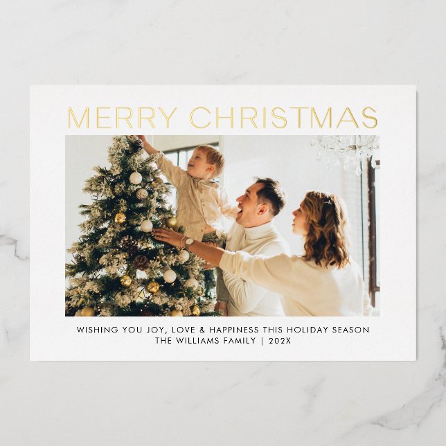 Modern Merry Christmas simple 4 photos family  Foil Holiday Card (Front)