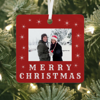 Modern Merry Christmas Snow Family Photo Red Metal Ornament