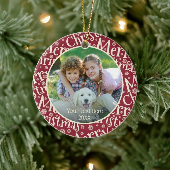 Modern MERRY CHRISTMAS Snowflake Photo Cranberry Ceramic Ornament (Tree)