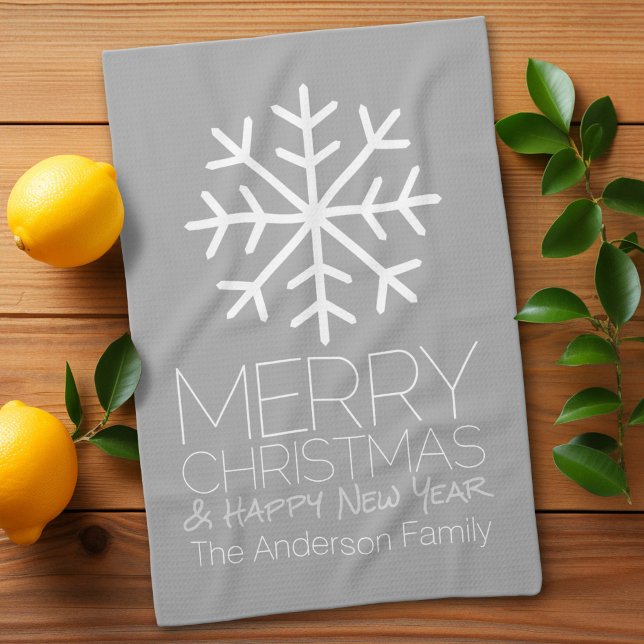 Modern Merry Christmas Snowflake - silver grey Kitchen Towel (Custom Kitchen Towel)