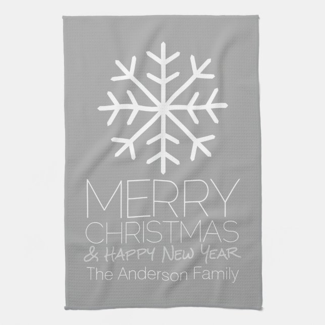 Modern Merry Christmas Snowflake - silver grey Kitchen Towel (Vertical)