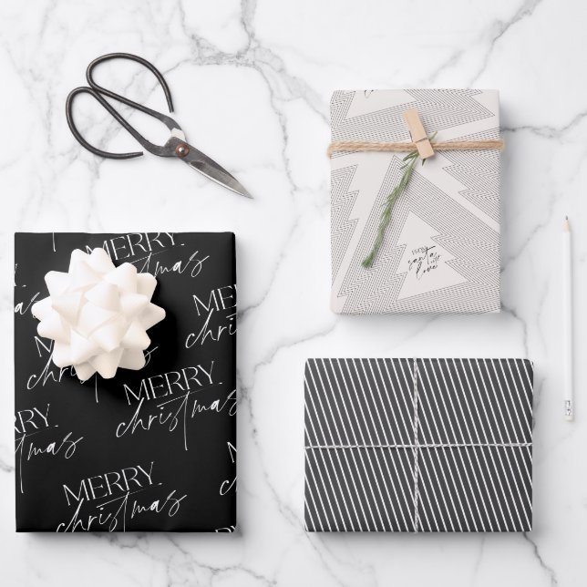 Modern Merry Christmas Tree Black White Wrapping Paper Sheet (Front)