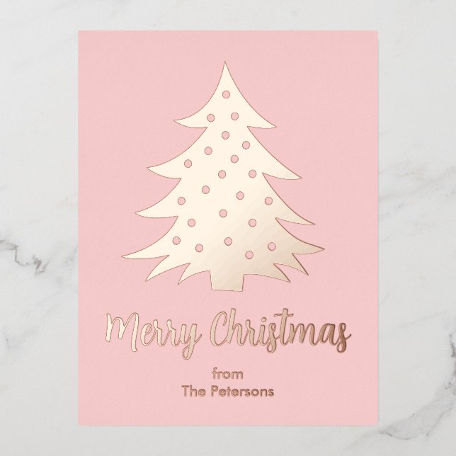 Modern Merry Christmas Tree Custom Rose Gold Foil Holiday Postcard (Front)