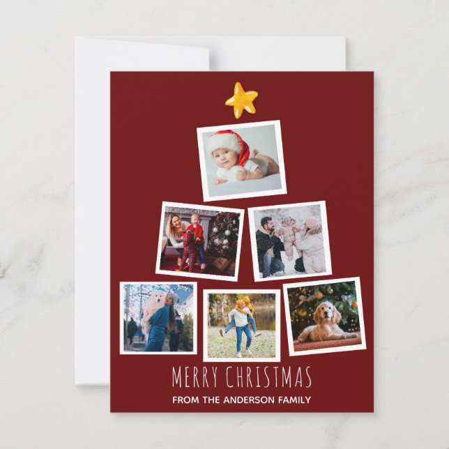 Modern Merry Christmas Tree Family Photo Collage Holiday Card (Front)