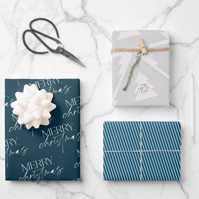 Modern Merry Christmas Tree Navy Wrapping Paper Sheet (Front)