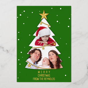 Modern Merry Christmas Tree Photo Collage Green Foil Holiday Card