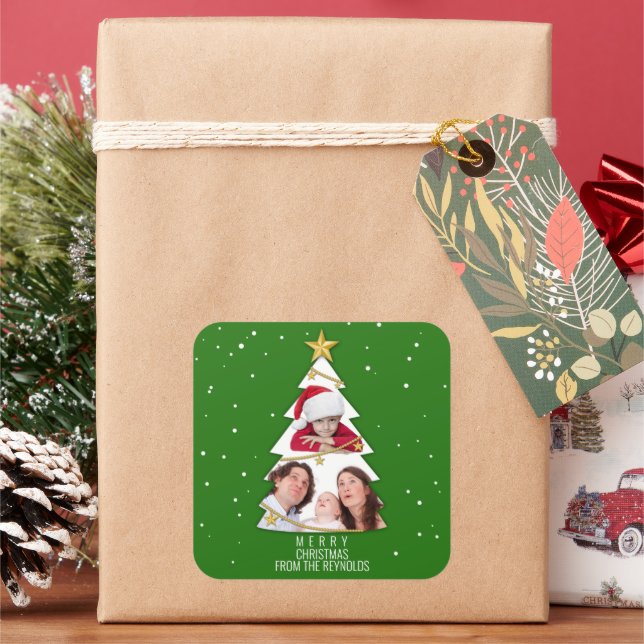 Modern Merry Christmas Tree Photo Collage Green Square Sticker (Holiday)