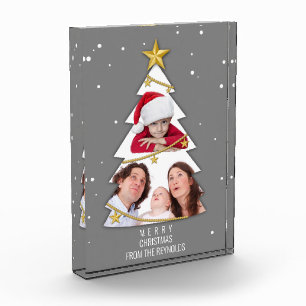 Modern Merry Christmas Tree Photo Collage Grey