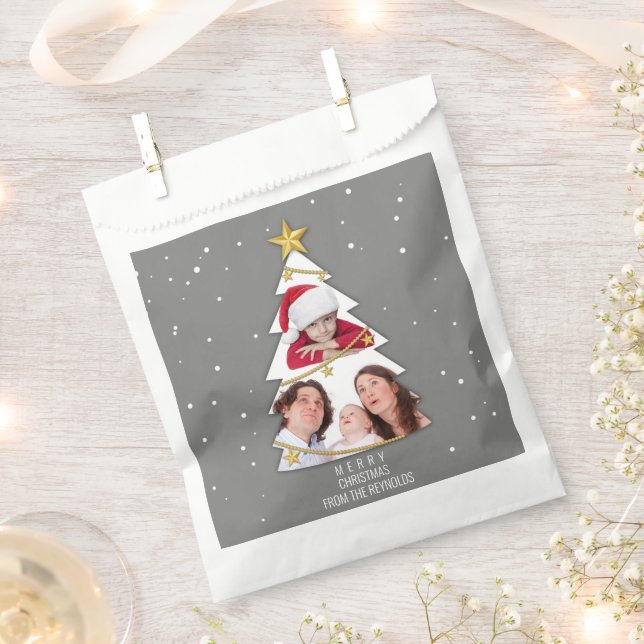 Modern Merry Christmas Tree Photo Collage Grey Favour Bag (Clipped)