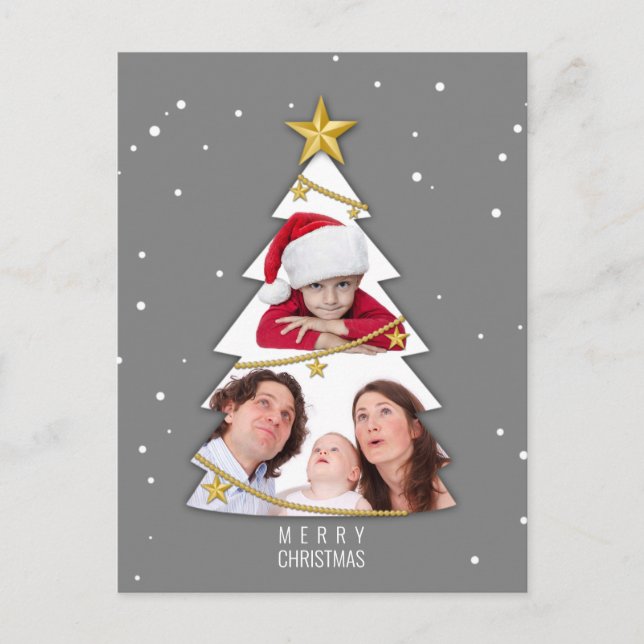 Modern Merry Christmas Tree Photo Collage Grey Holiday Postcard (Front)