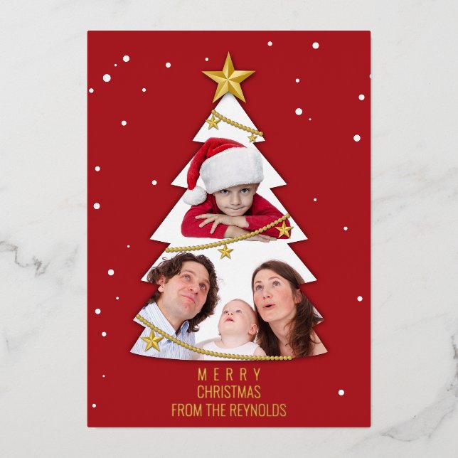 Modern Merry Christmas Tree Photo Collage Red Foil Holiday Card (Front)