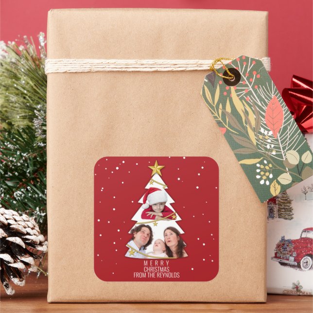 Modern Merry Christmas Tree Photo Collage Red Square Sticker (Holiday)