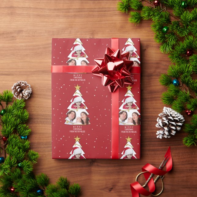 Modern Merry Christmas Tree Photo Collage Red Wrapping Paper (Holiday Gift)