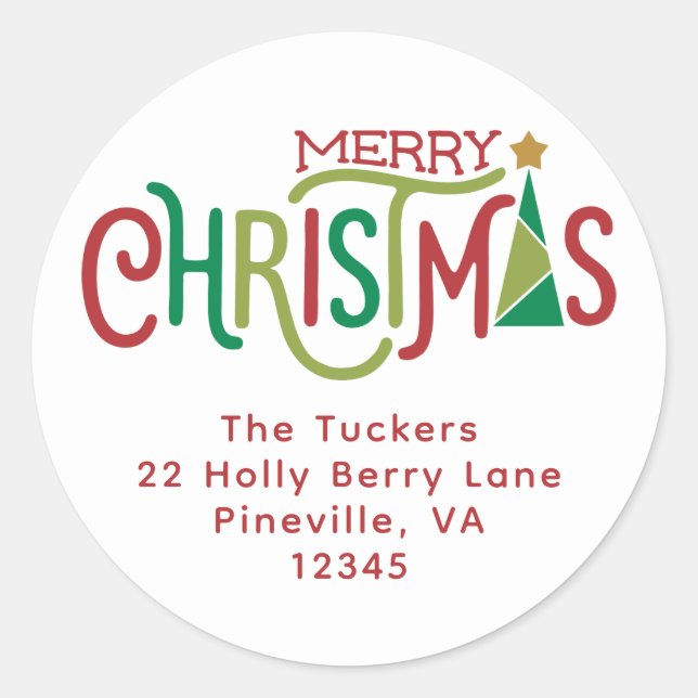Modern Merry Christmas Tree Return Address Classic Round Sticker (Front)