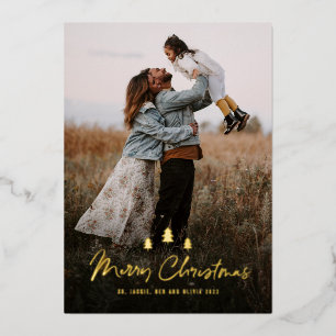 Modern Merry Christmas Tree Trio 2 photo Gold Foil Holiday Card