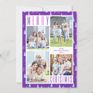 Modern MERRY CHRISTMAS Trees 4 Photos Purple Pink Holiday Card