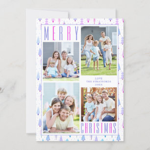 Modern MERRY CHRISTMAS Trees 4 Photos Purple Pink Holiday Card