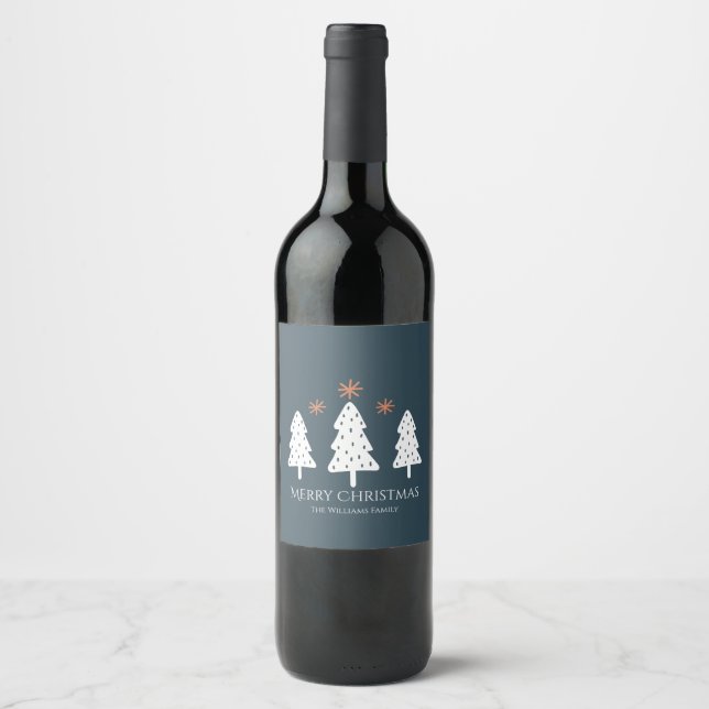 Modern Merry Christmas Trees and Stars Wine Label (Front)
