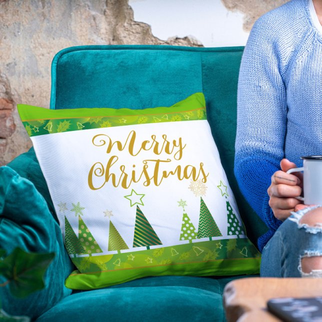 Modern Merry Christmas Trees Gold Script  Throw Pillow (Creator Uploaded)