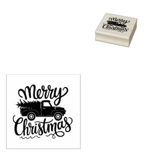 Modern Merry Christmas truck and tree Rubber Stamp