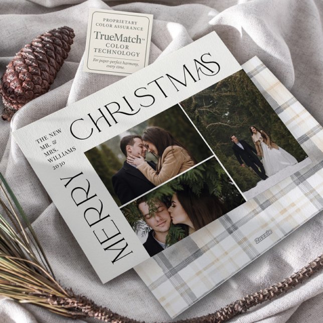 Modern Merry Christmas Typography 3 Photo Plaid Holiday Card (Creator Uploaded)