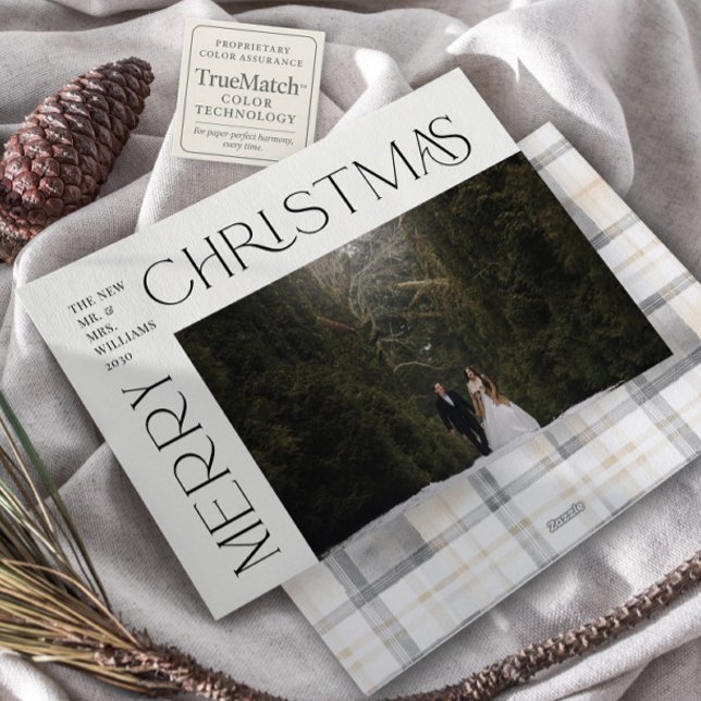 Modern Merry Christmas Typography Photo Plaid Holiday Card (Creator Uploaded)