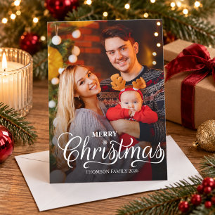 Modern Merry Christmas White Script Overlay Photo  Holiday Card