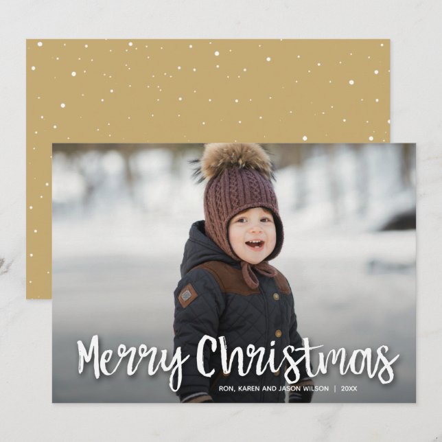 Modern Merry Christmas White Script Photo Holiday Card (Front/Back)