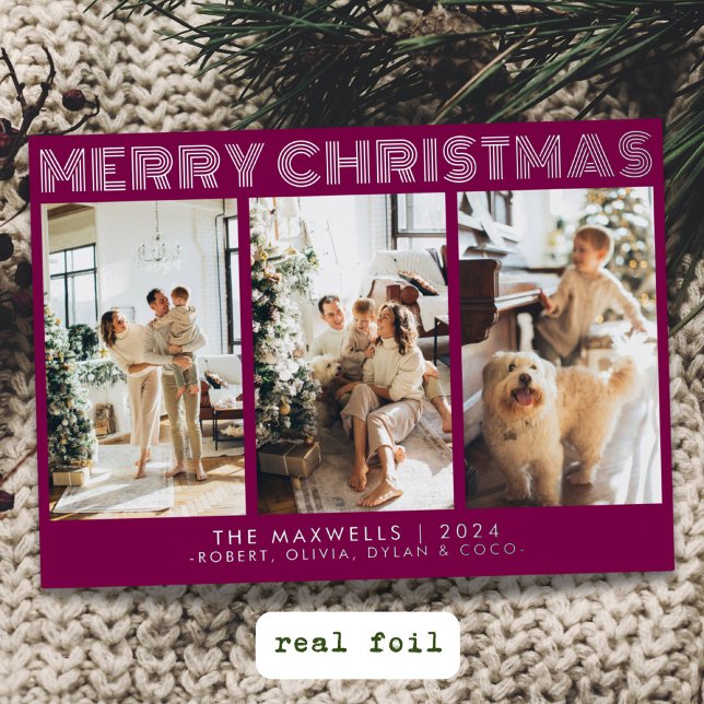 Modern Merry Christmas Wine Photo Foil Holiday Card (Creator Uploaded)