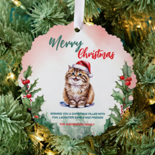Modern Merry christmas Wreath Holly Berries Cat  Ornament Card