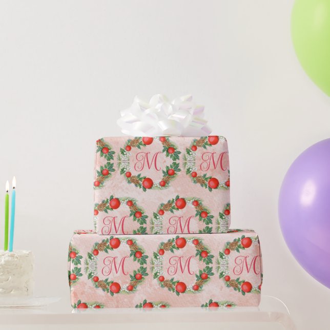 Modern Merry Christmas Wreath Red Green Letter Wrapping Paper (Party Gifts)