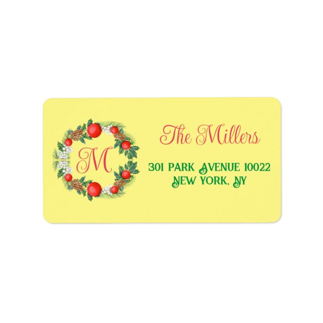Modern Merry Christmas Wreath Red Green Yellow  Label (Front)