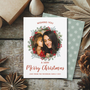 Modern Merry Christmas Wreath Watercolor & Photo   Holiday Card