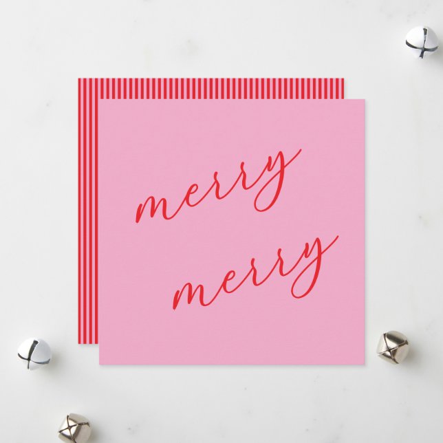 Modern Merry Elegant Script Christmas Pink & Red Holiday Card (Front/Back In Situ)