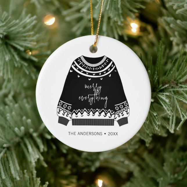 Modern Merry Everything Christmas Sweater Holiday Ceramic Ornament (Tree)