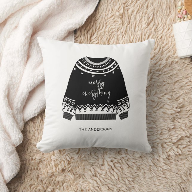 Modern Merry Everything Christmas Sweater Holiday Throw Pillow (Blanket)